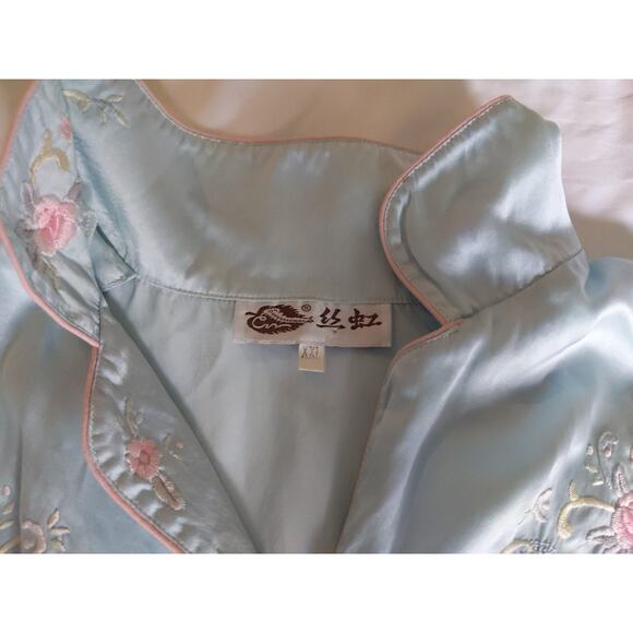 Korean Silk Pajama Set Blue Floral Embroidered Long Sleeve Size M Asian XXL - Picture 3 of 7